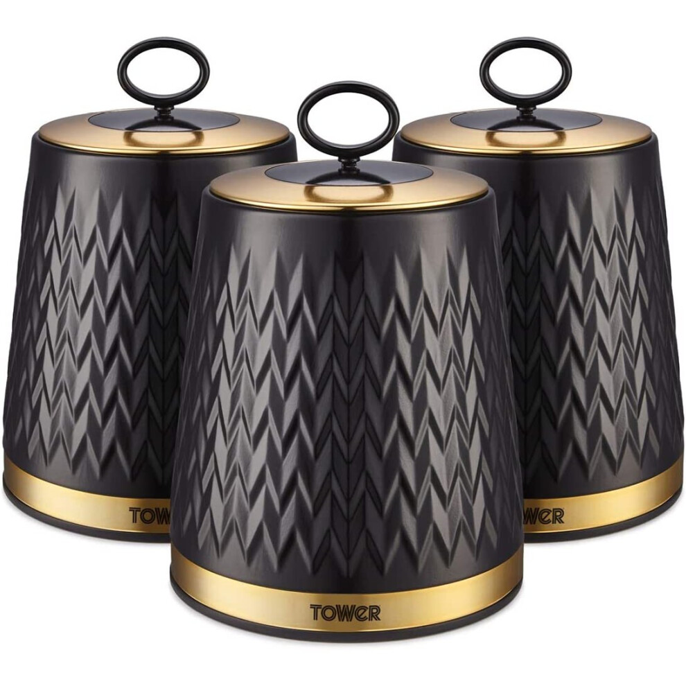 (Black) Set of 3 Storage Canisters for Tea Coffee Sugar