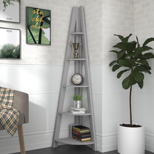 Tiva Grey Corner Ladder Shelving - Sleek Space-Saving 4-Tier Display 1