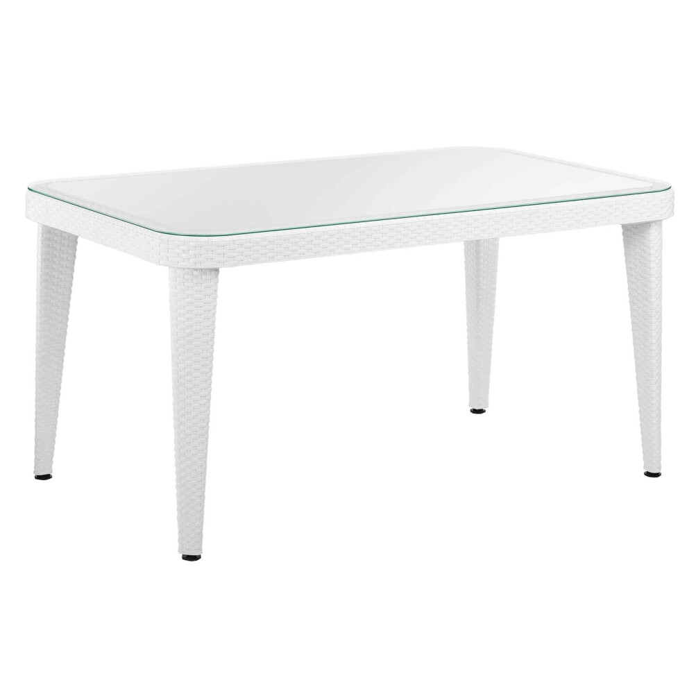 Dellonda Outdoor Dining Table, Weather Resistant PP/Fibreglass Body, Glass Table Top, 90x150cm (W x D) - White