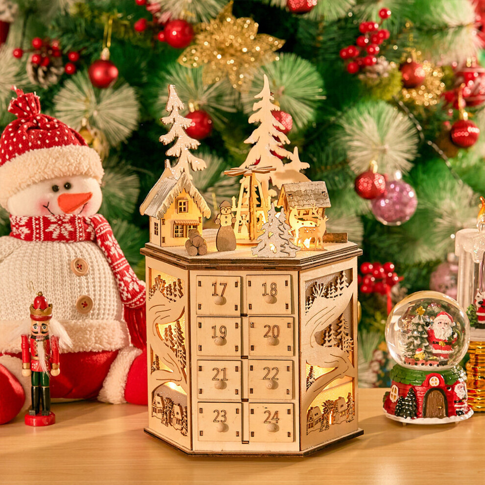 Living And Home Led Rotating Countdown Calendar Wooden Music Box For Christmas