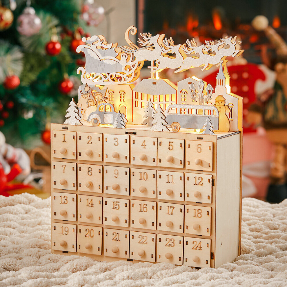 Living And Home Christmas Wooden Advent Calendar Led Holiday Decoration With 24 Drawers