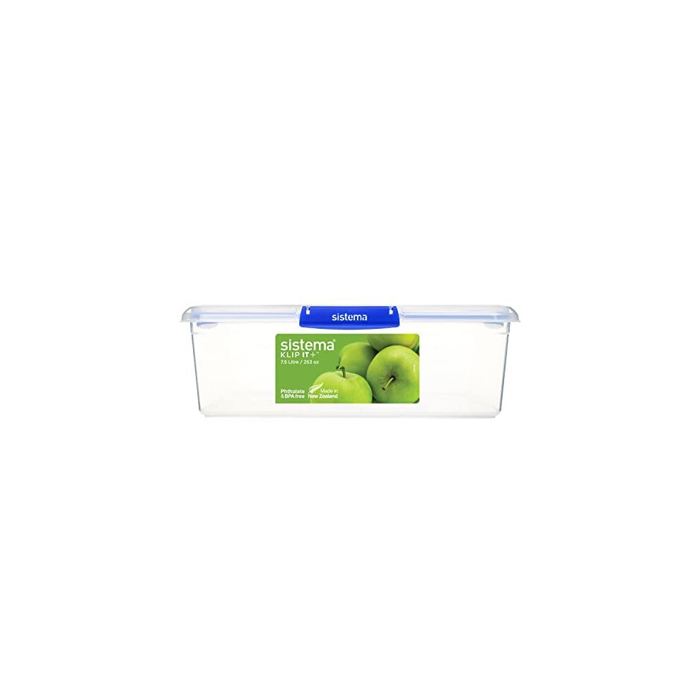 Sistema KLIP IT PLUS Food Storage Containers | 7.5 L Rectangle | Stackable & Airtight Fridge/Freezer Food Box with Lid | BPA-Free Plastic | Blue Clips