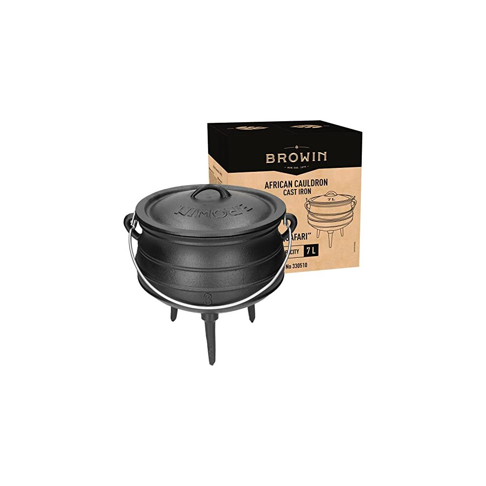 Browin 330510 African Cauldron - Safari 7 L | Cast Iron | Deep Camping Pot with Lid, Lid Lifter and Feed | For Outdoor Cooking, Black