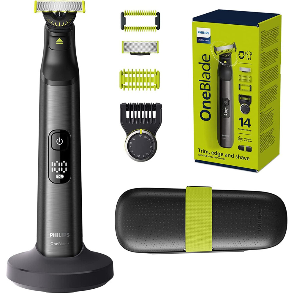 Philips OneBlade Pro 360 Face + Body: electric trimmer, shaver and razor, 14 lengths, easy-mount skin guard and body comb