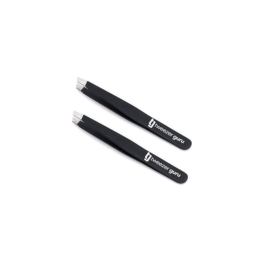 Tweezer Guru Slant Eyebrow Tweezers For Women & Men - 2Pc Precision Tweezers For Eyebrows, Facial Hair & Ingrown Hair Removal - Stainless Steel