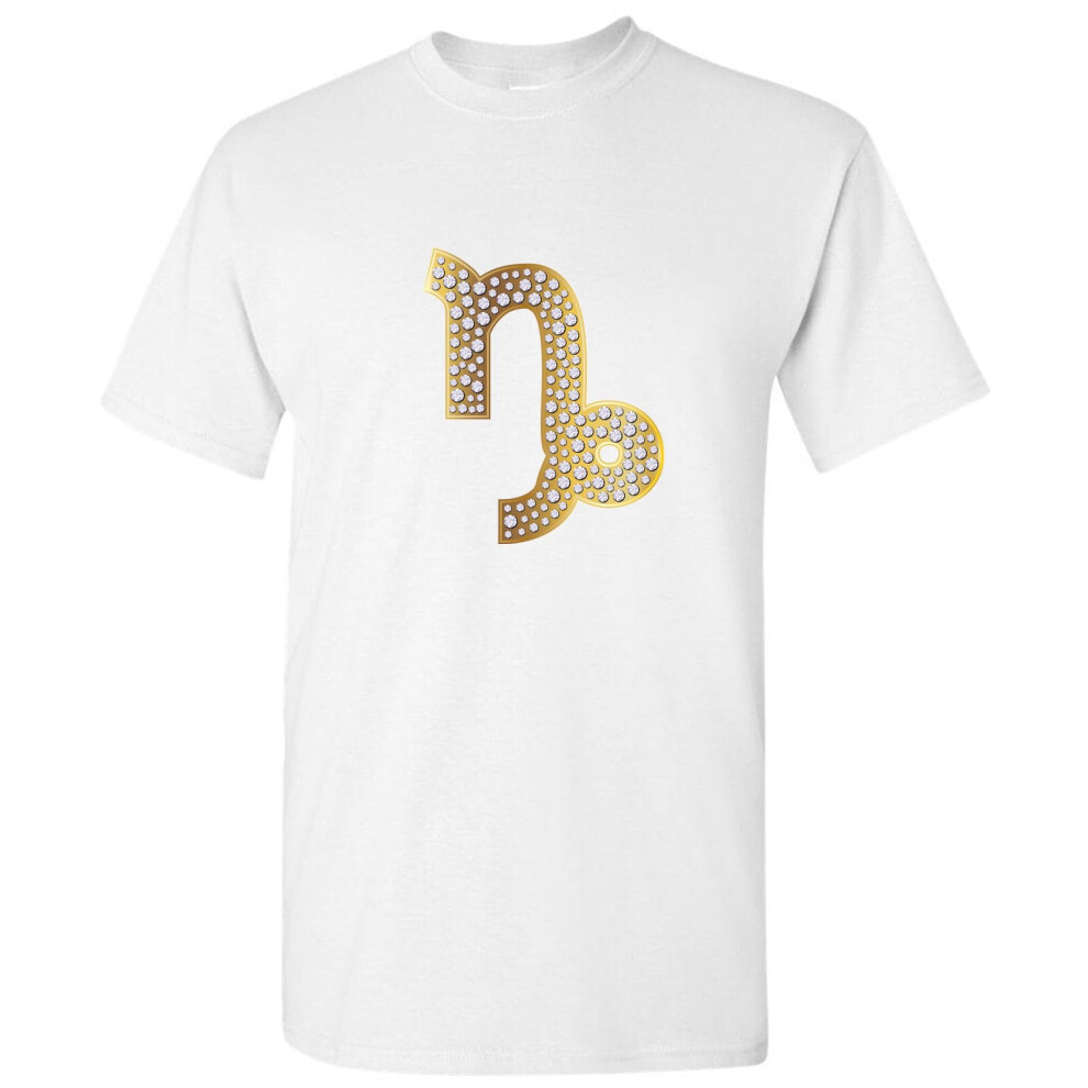 (4XL) Capricorn Zodiac Symbol Gold Sign Luxury Diamond White Men T Shirt Tee