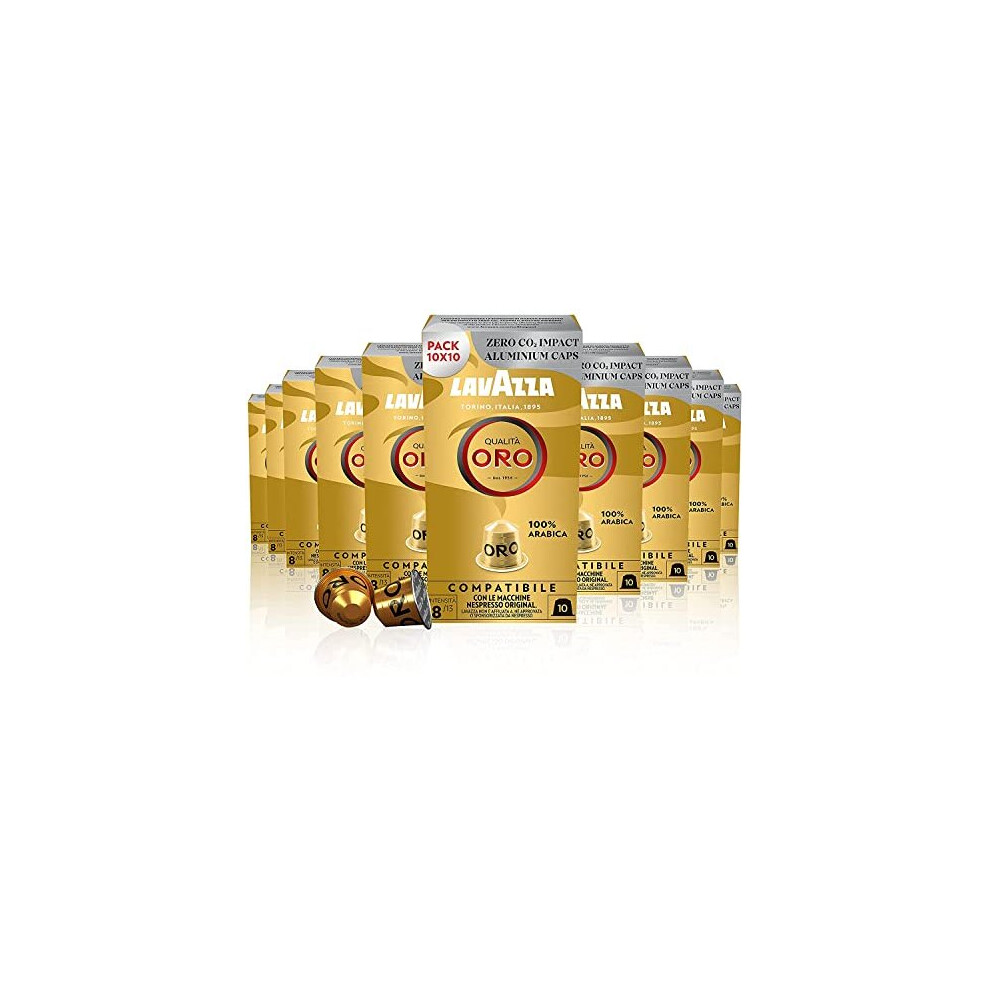 Lavazza Qualità Oro, Nespresso Compatible Aluminium Capsules, Zero Co2 Impact, 10 Packs Of 10 Capsules