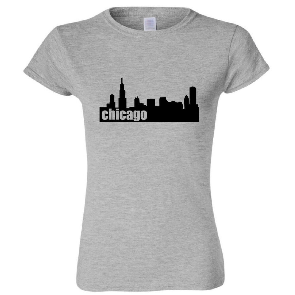 (Sport Grey, S) Chicago City Illinois USA America Skyscraper Art Ladies Women T Shirt Tee Top