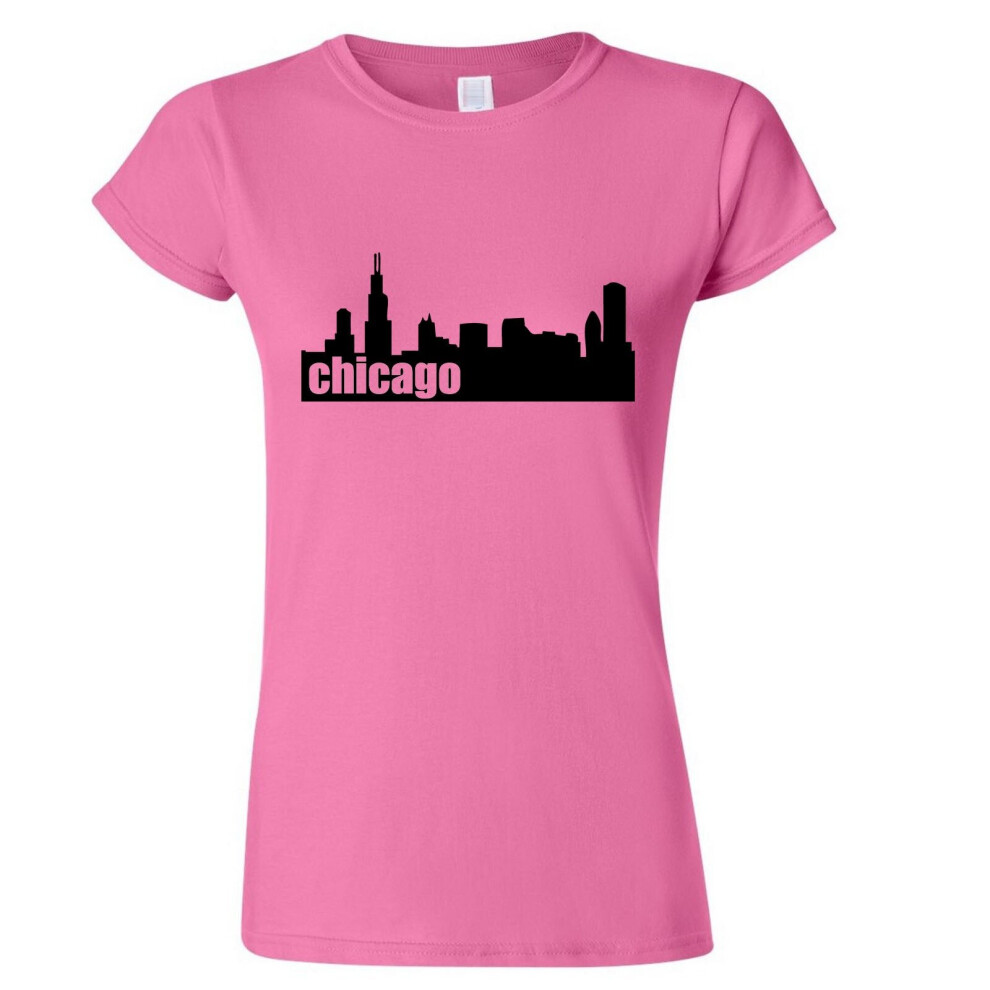 (Pink, S) Chicago City Illinois USA America Skyscraper Art Ladies Women T Shirt Tee Top