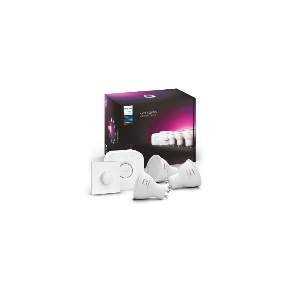 Philips Hue White & Colour Ambiance Starter Kit: Smart Bulb 3X Pack LED [GU10] incl. Bridge and Smart Button - 350 Lumen, 929001953116