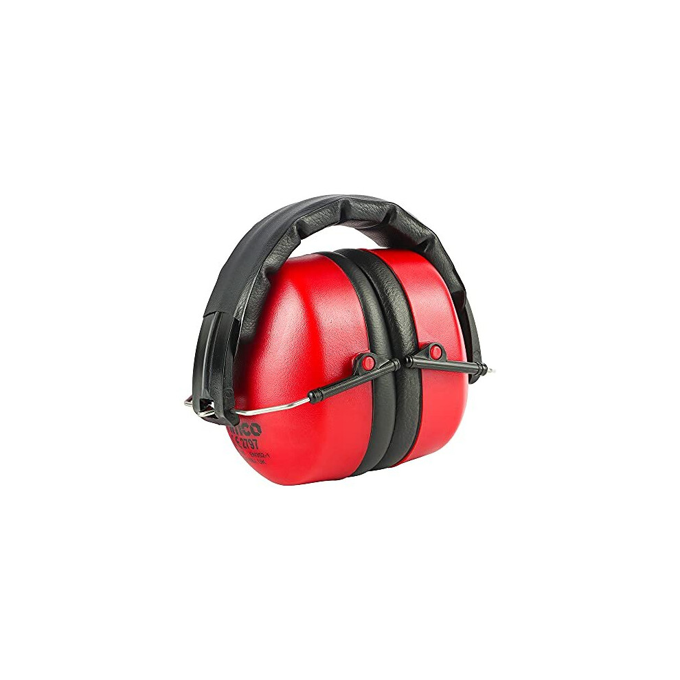 TIMCO Foldable Ear Defenders - Adjustable ear cups for comfort - 30.4dB - Padded headband - Red - One Size