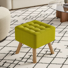(Green) Linen Fabric Padded Footstool Wooden Leg