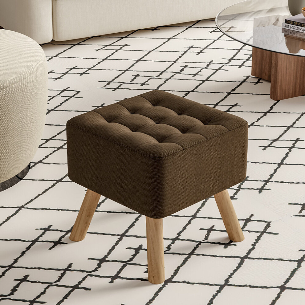 (Coffee) Linen Fabric Padded Footstool Wooden Leg