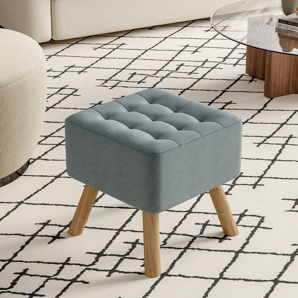 (Grey) Linen Fabric Padded Footstool Wooden Leg