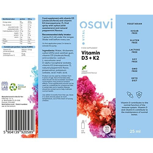 Osavi Vitamin D3 + K2 Oral Spray, Peppermint - 25 ml. 2