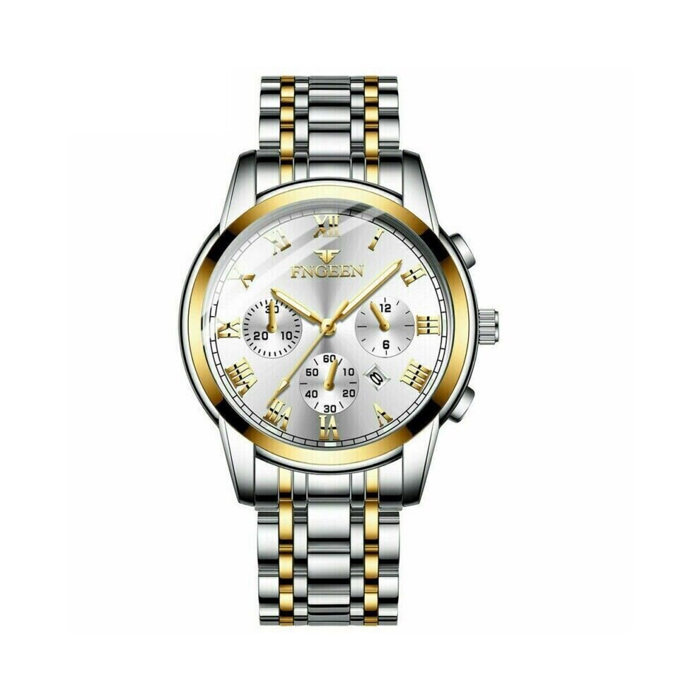 (Gold/White) Men's Stainless Steel Classic Luxury Casual Analog Watch Date Quartz Wrist Watch