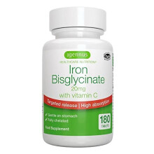 Iron Bisglycinate 20mg with Vitamin C - Gentle Iron, Targeted Release for Enhanced Absorption, Vegan, 180 Tablets for Women & Men