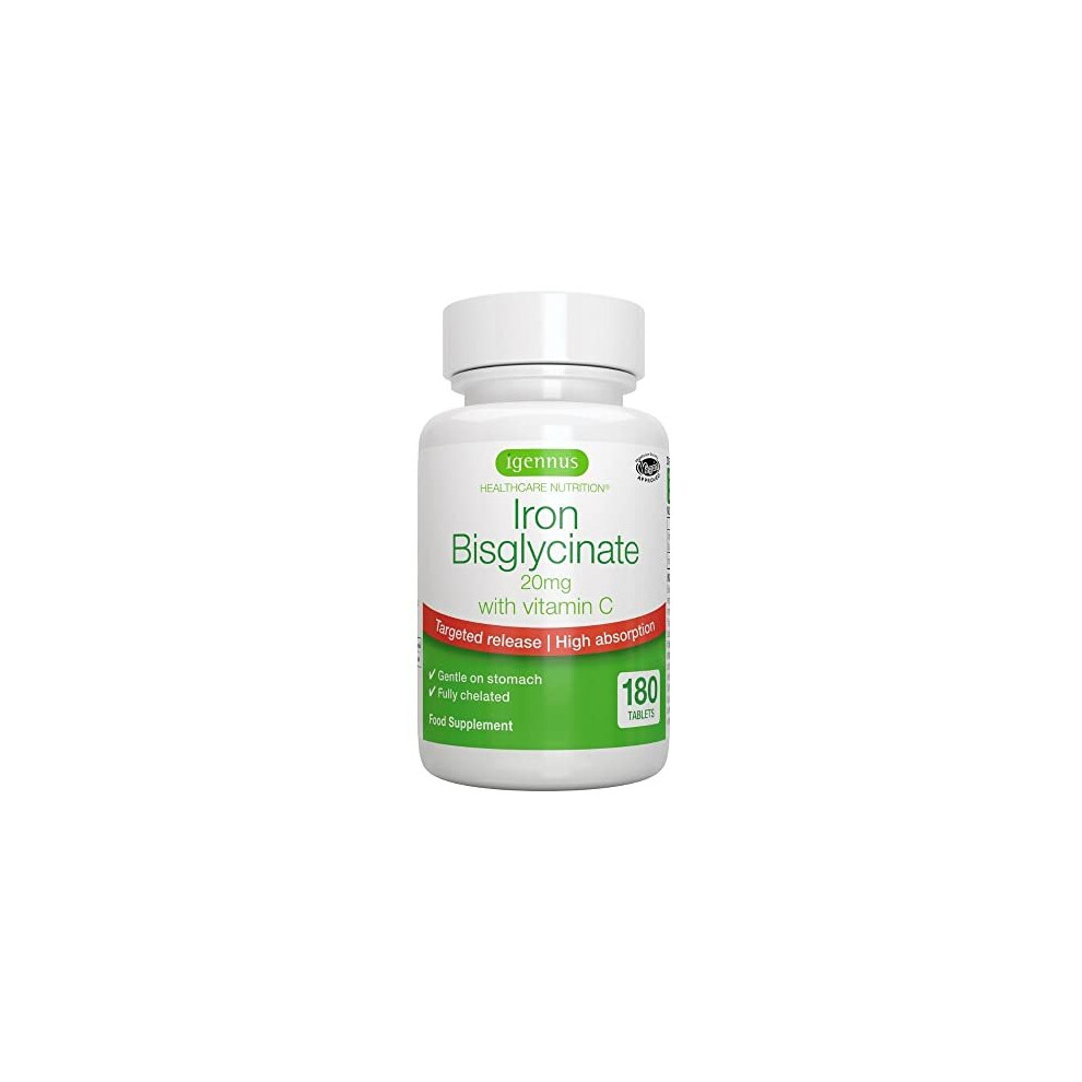 Iron Bisglycinate 20mg with Vitamin C, Gentle Iron, Enhanced Absorption with Targeted Release, for Women & Men, Vegan, 180 Tablets