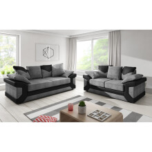 (3 & 2 Seater Set) Dino Black & Grey Fabric Leather Look Corner Sofa