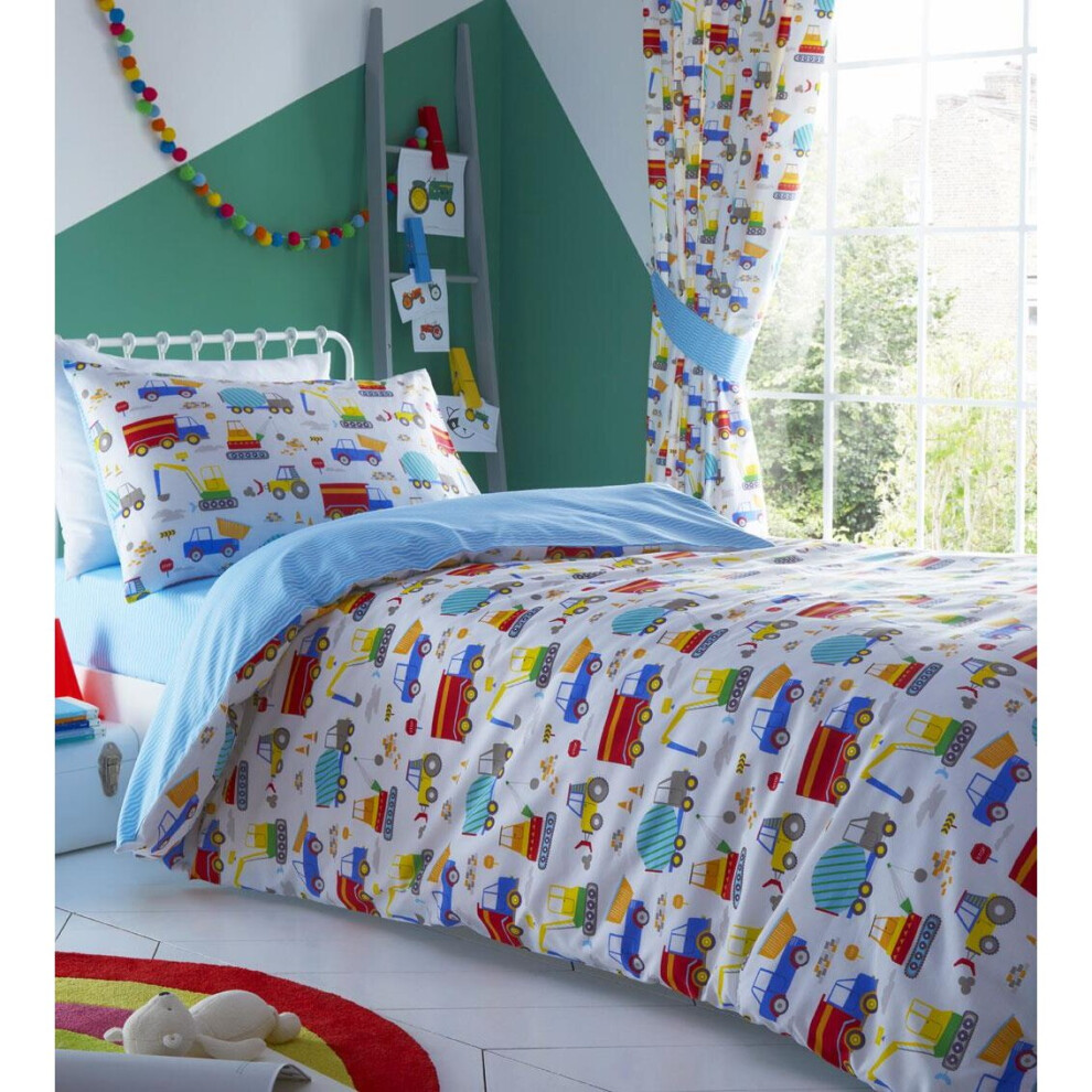 (Duvet Set - Single) Boys duvet set / curtains digger builder dumper trucks cranes tractors bedding