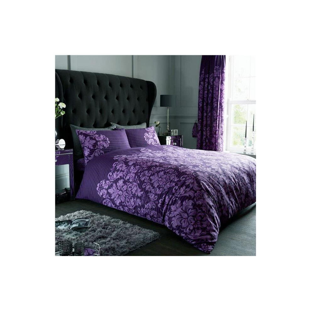 (King) Duvet Set Damask Stripe Purple Aubergine Bedding