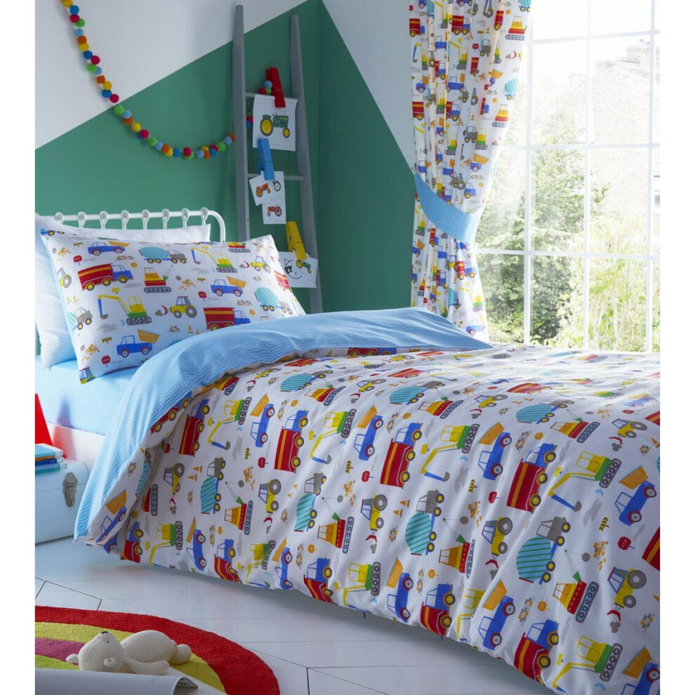 (Curtains - 66x72") Boys duvet set / curtains digger builder dumper trucks cranes tractors bedding