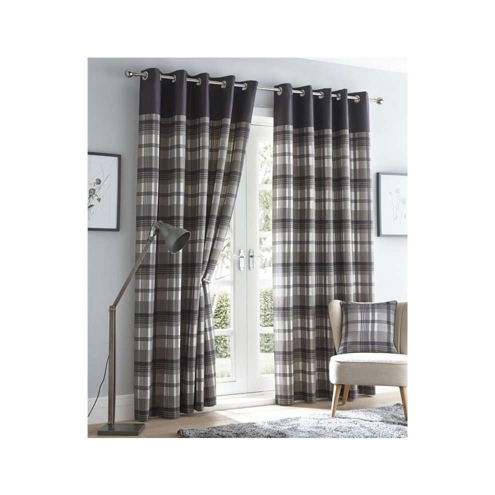 (66 x 90" (168x229cm)) Grey Curtains Eyelet Rings Lined Tartan Check