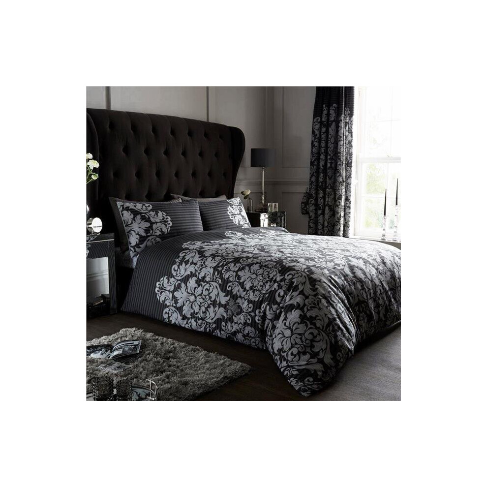 (King) Duvet Set Stripe Damask Grey Black Bedding