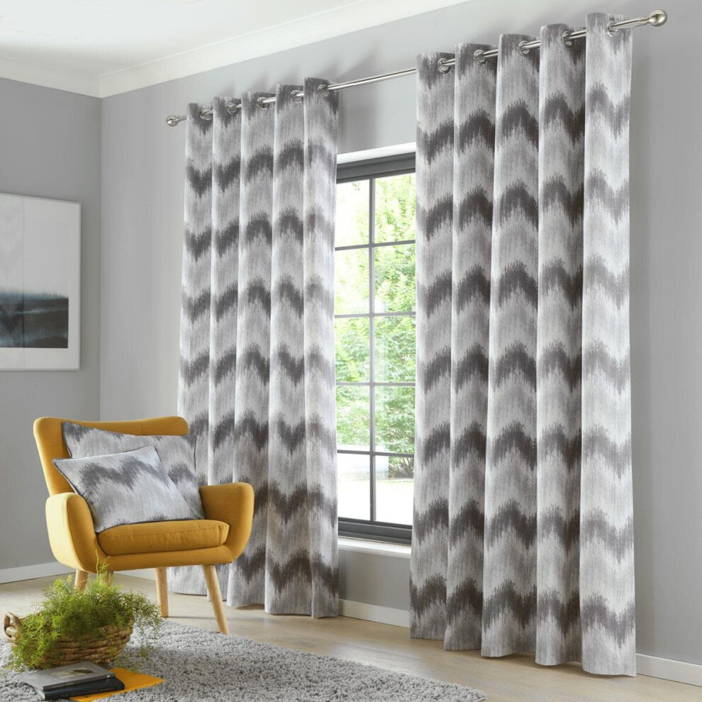 (66 x 72" (168x183cm)) Grey curtains eyelet ring top lined ready made charcoal modern geometric zigzag