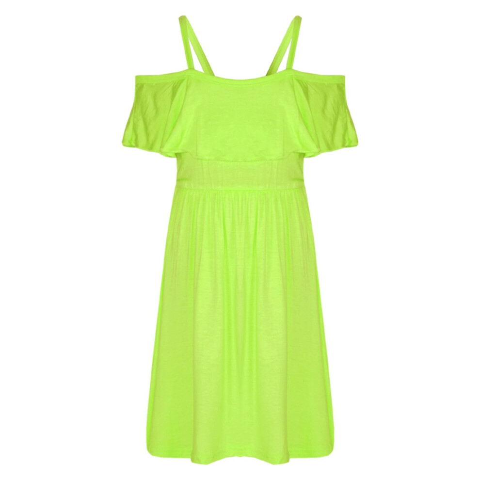 (11-12 Years, Neon Green) Girls Skater Plain Color Party Off Shoulder Dress