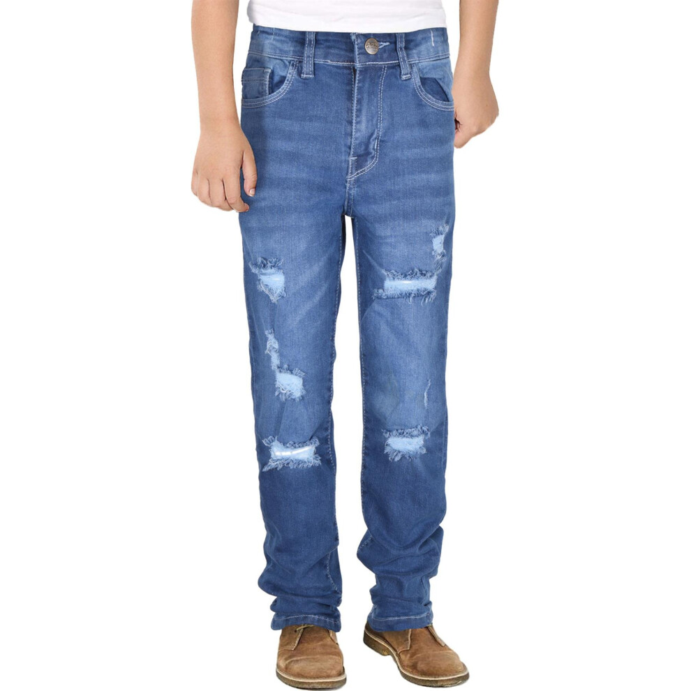 (11-12 Years, Mid Blue) Boys Mid Blue Straight Fit Boot Cut Ripped Jeans