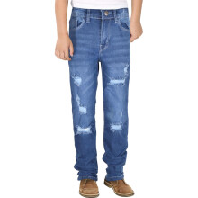 (13 Years, Mid Blue) Boys Mid Blue Straight Fit Boot Cut Ripped Jeans
