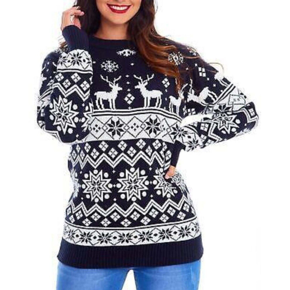 (Black, ML  (UK 12-14)) Unisex Xmas Snowflake Reindeer Christmas Jumper Mens Womens Knitted Sweater 8-22