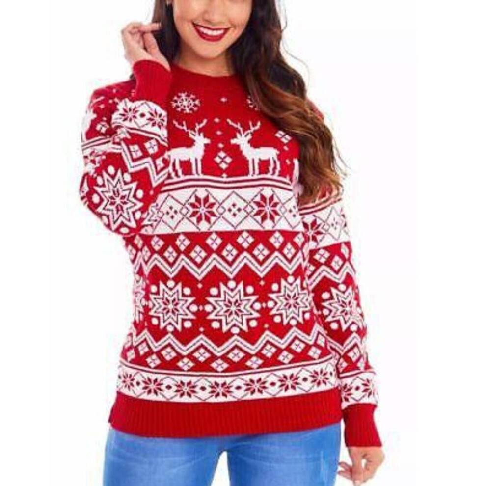 (Red, 2XL  (UK 20-22)) Unisex Xmas Snowflake Reindeer Christmas Jumper Mens Womens Knitted Sweater 8-22