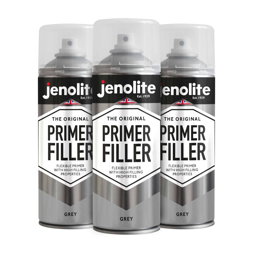 (3, Grey) JENOLITE Primer Filler Aerosol Paint - Flexible Primer with High Filling Properties - Fills small dents & scratches for smooth finish