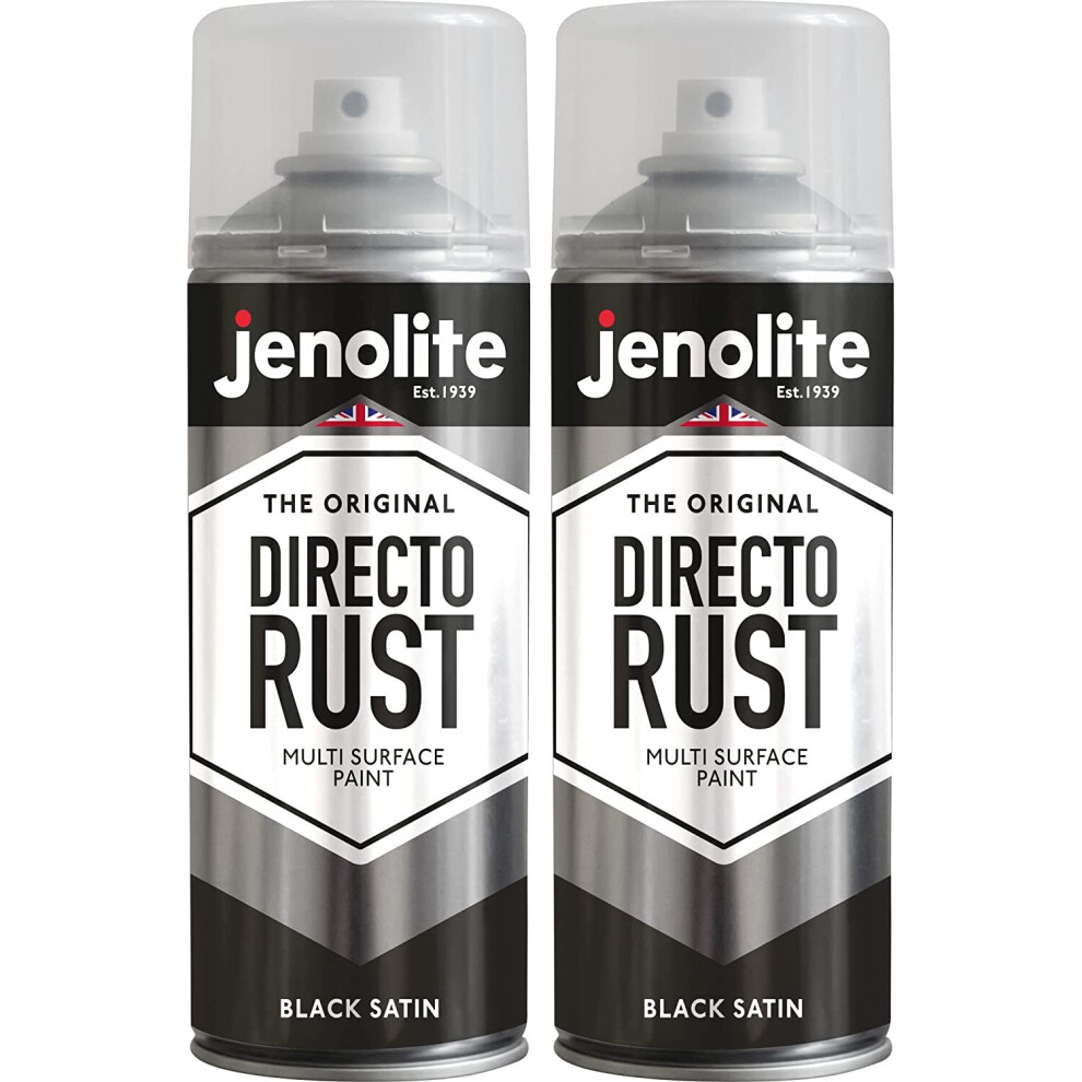 (2 x 400ml, Black) JENOLITE Directorust Satin Multi Surface Paint - For Use On Wood, Metal, Plastic, Ceramic & Rusted Surfaces