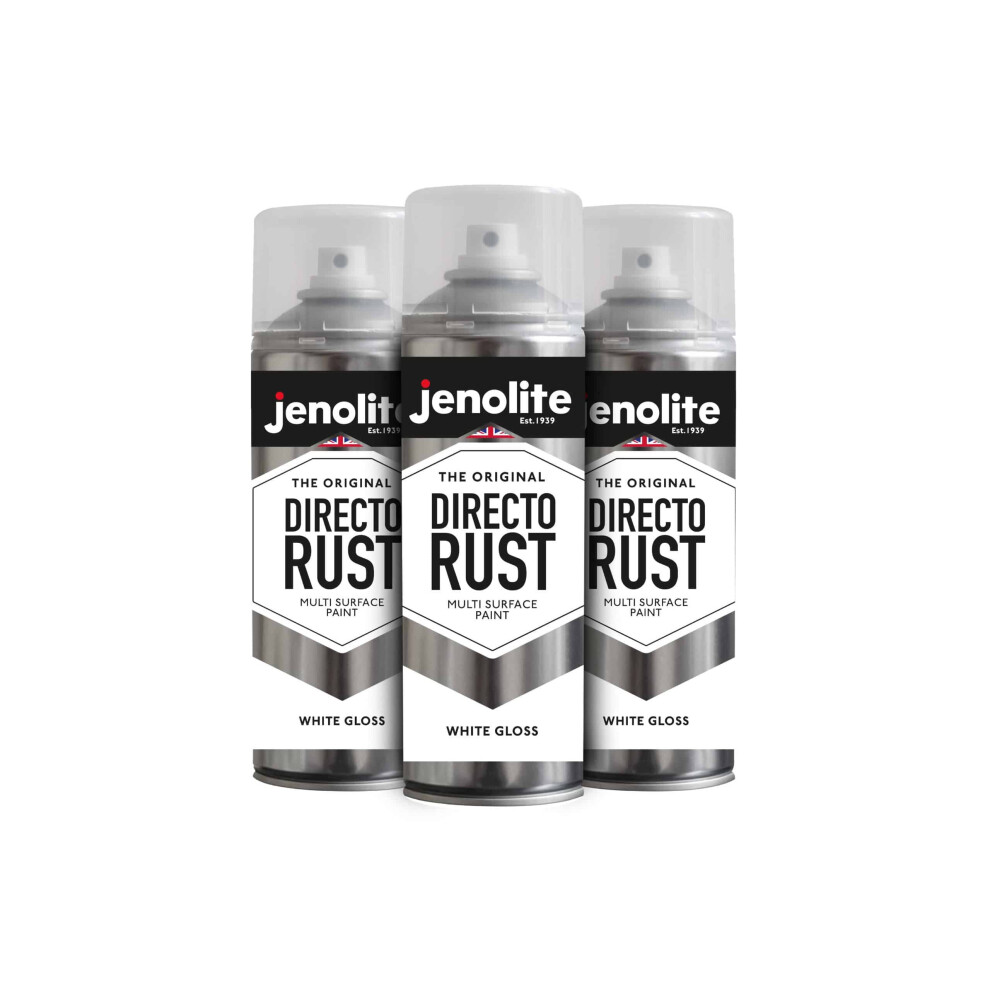 (3 x 400ml, White) JENOLITE Directorust Gloss - Multi Surface Spray Paint - For Use On Wood, Metal, Plastic, Ceramic & Rusted Surfaces