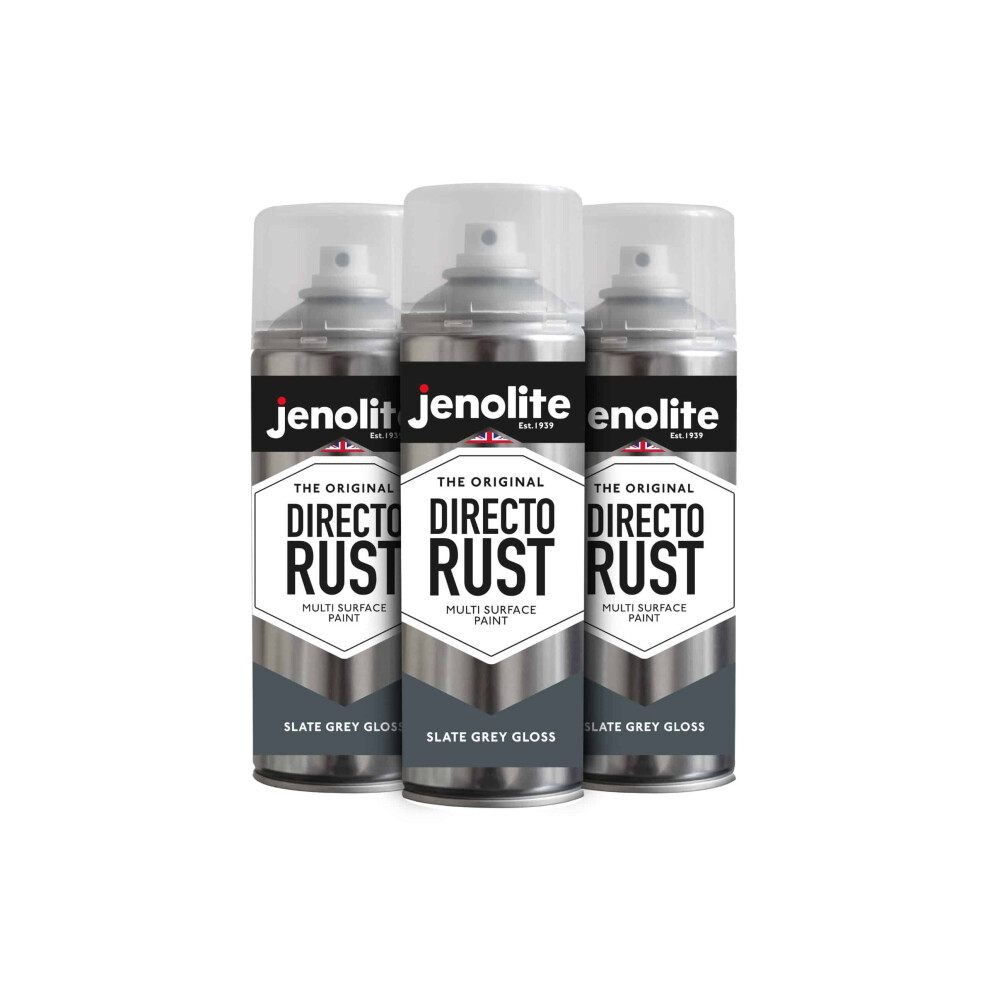 (3 x 400ml, Slate Grey) JENOLITE Directorust Gloss - Multi Surface Spray Paint - For Use On Wood, Metal, Plastic, Ceramic & Rusted Surfaces