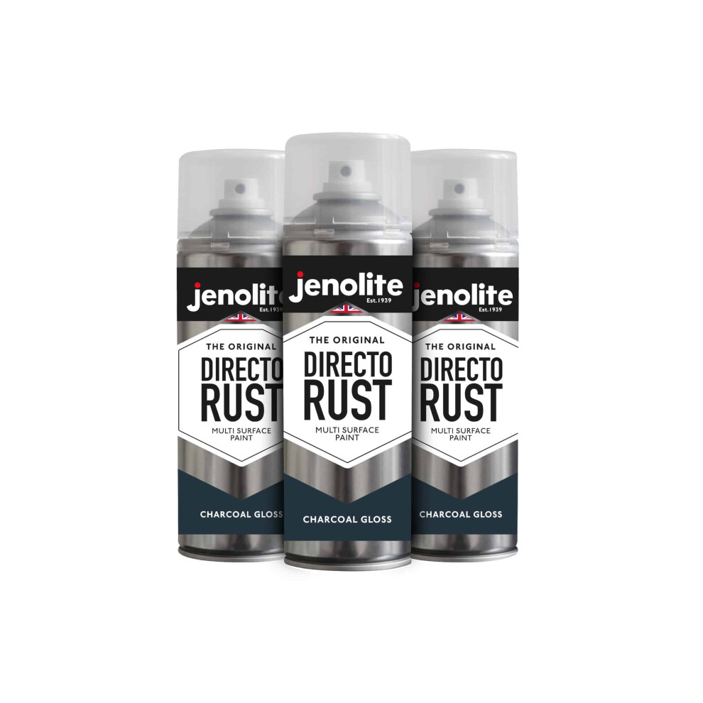 (3 x 400ml, Charcoal) JENOLITE Directorust Gloss - Multi Surface Spray Paint - For Use On Wood, Metal, Plastic, Ceramic & Rusted Surfaces