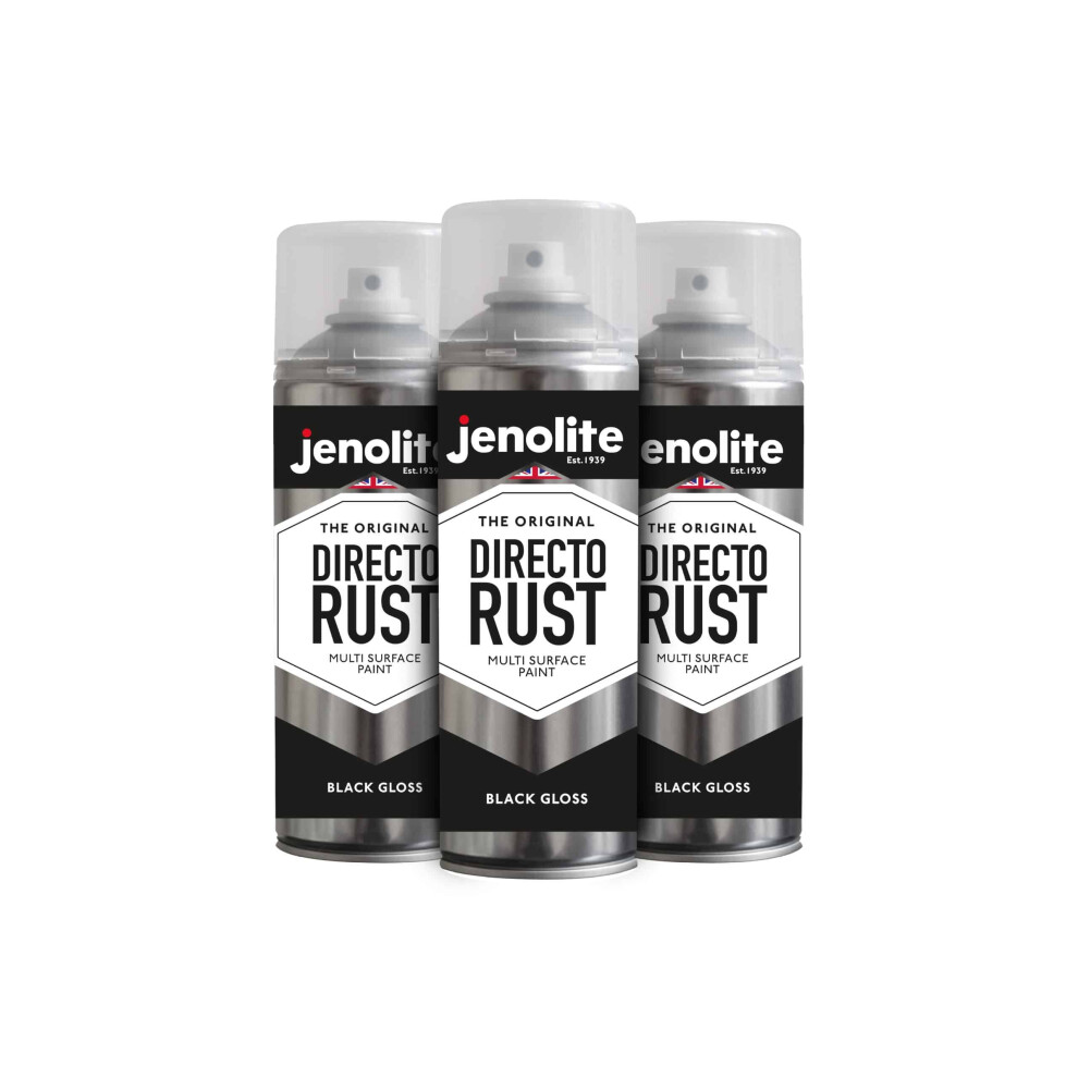 (3 x 400ml, Black) JENOLITE Directorust Gloss - Multi Surface Spray Paint - For Use On Wood, Metal, Plastic, Ceramic & Rusted Surfaces