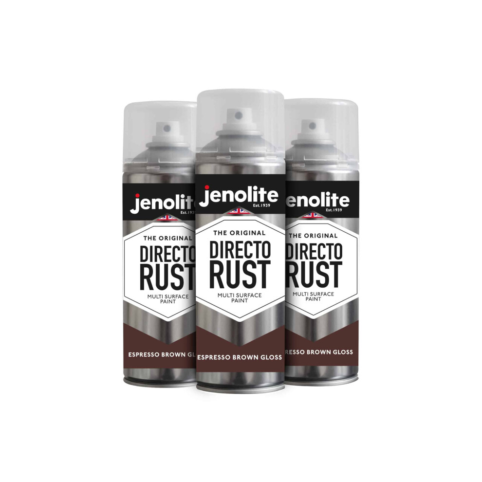 (3 x 400ml, Espresso Brown) JENOLITE Directorust Gloss - Multi Surface Spray Paint - For Use On Wood, Metal, Plastic, Ceramic & Rusted Surfaces