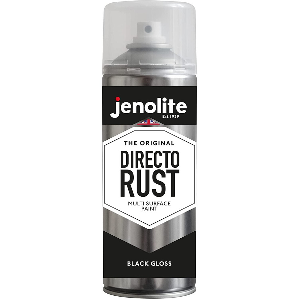 (1 x 400ml, Black) JENOLITE Directorust Gloss - Multi Surface Spray Paint - For Use On Wood, Metal, Plastic, Ceramic & Rusted Surfaces