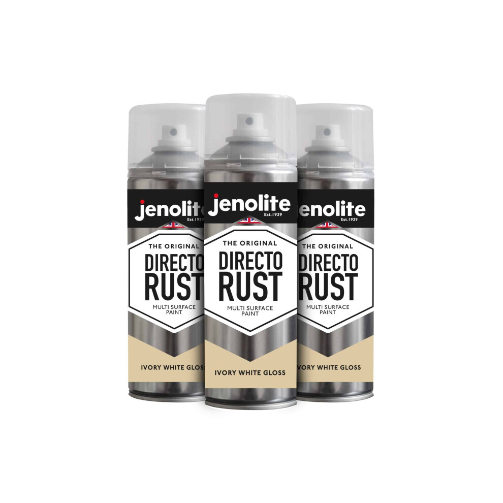 (3 x 400ml, Ivory White) JENOLITE Directorust Gloss - Multi Surface Spray Paint - For Use On Wood, Metal, Plastic, Ceramic & Rusted Surfaces