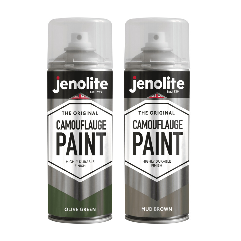 (2, Olive Green & Mud Brown) JENOLITE Camouflage Paint - 400ml - Ideal for Model Making, Paintball, Airsoft, Military Vehicles - 400ml