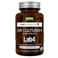 Live Cultures+ Lab4 Probiotics and Prebiotic, Gentle & Non-Bloating, Lactobacillus Acidophilus & Bifidobacterium, Vegan, 30 Capsules