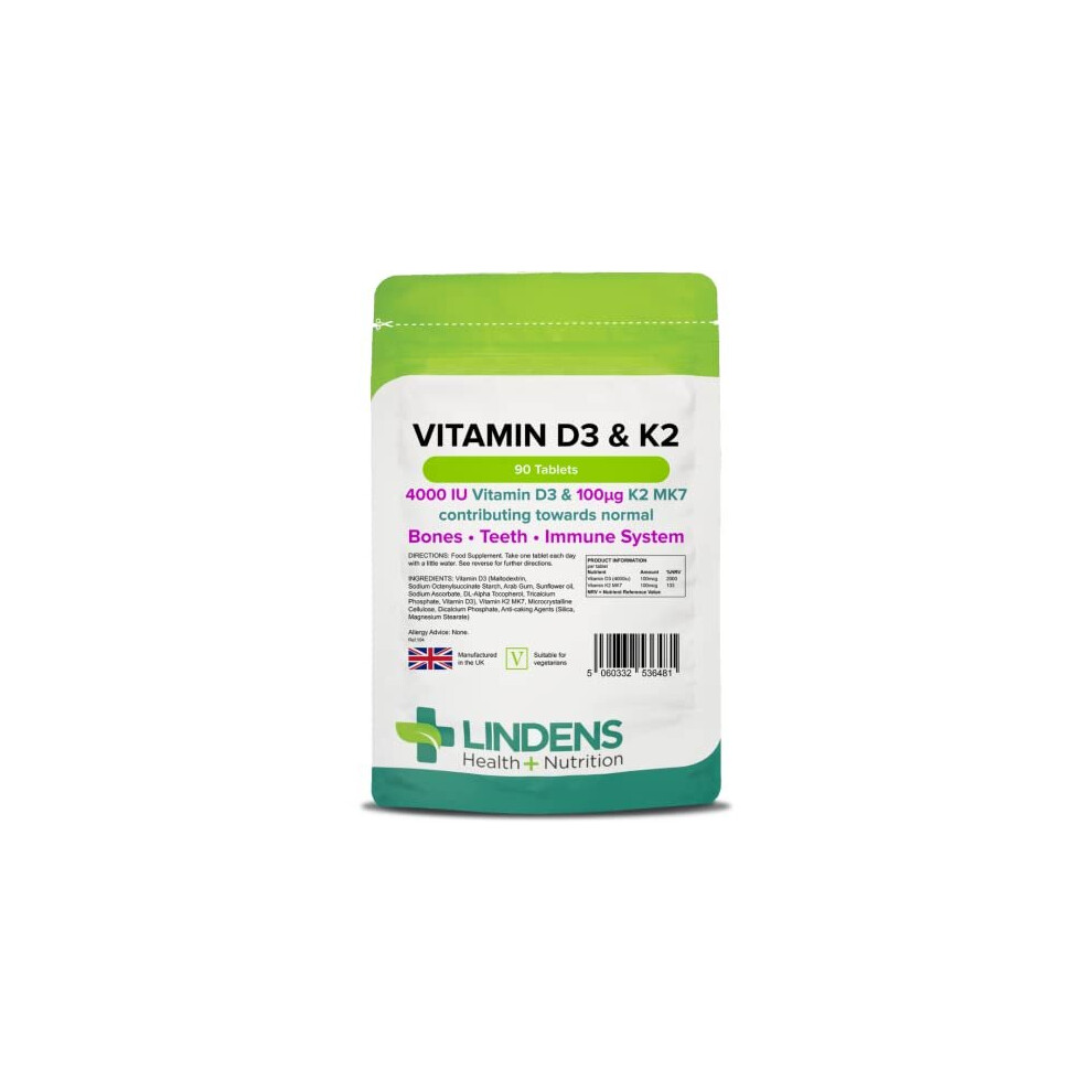 Lindens Vitamin D3 4000IU & MK7 K2 | 90 Tablets | UK Made | Immune Health, Bones, Teeth, Muscle, Blood Calcium Absorption | High Strength Vitamin D