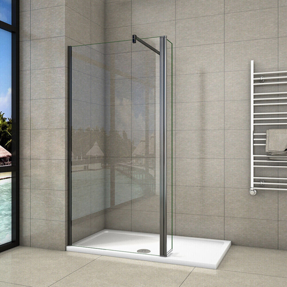 Aica (Height:1950mm 760Mm+300Mm Flipper Panel) Bathroom Wet Room Shower Enclosure 8Mm Glass Black