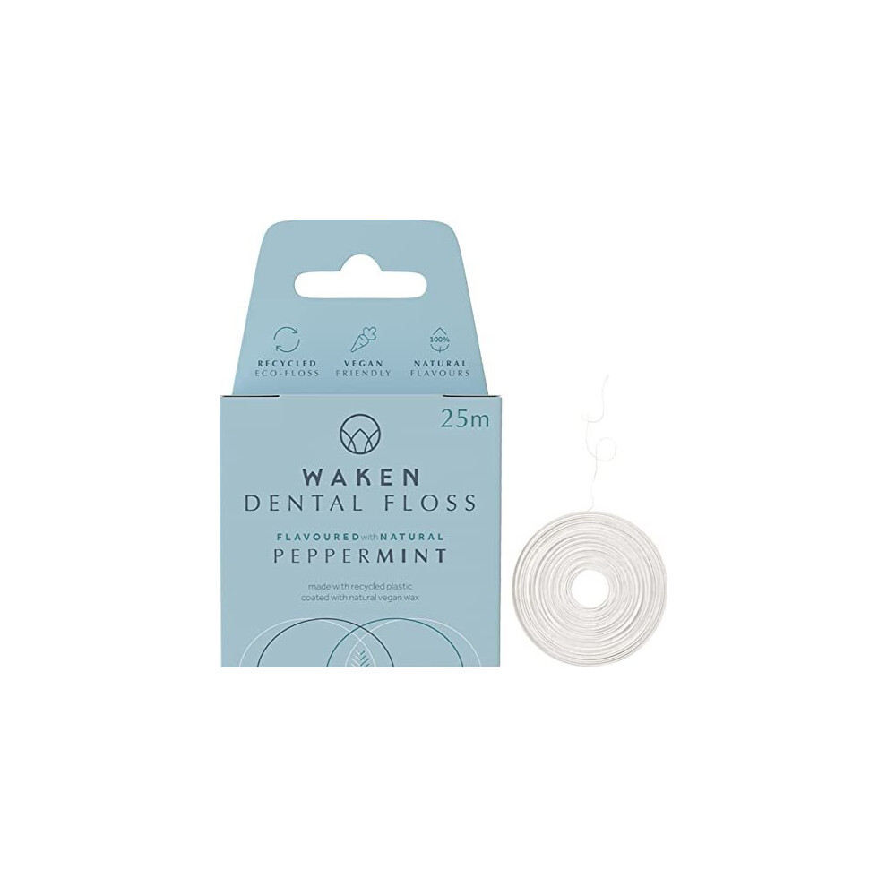 Waken, 25m Peppermint Dental Floss, 100% Natural Flavour, Reduces Plaque & Gum Disease, Clinically Tested, Vegan Floss, Eco-Friendly, Sustainable