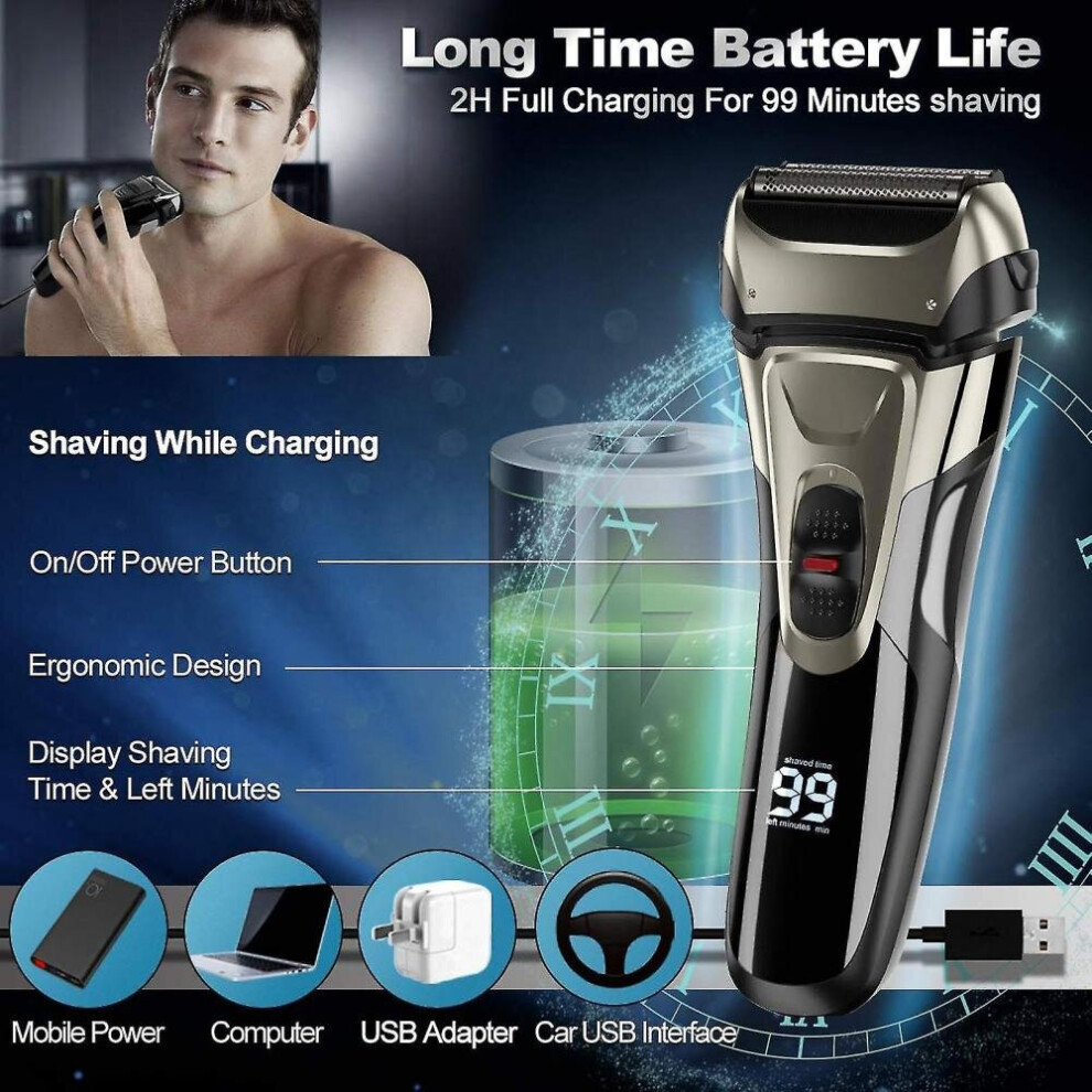 Men's Electric Shaver Waterproof Facial Wireless Rechargeable With Led Pop-up Trimmer