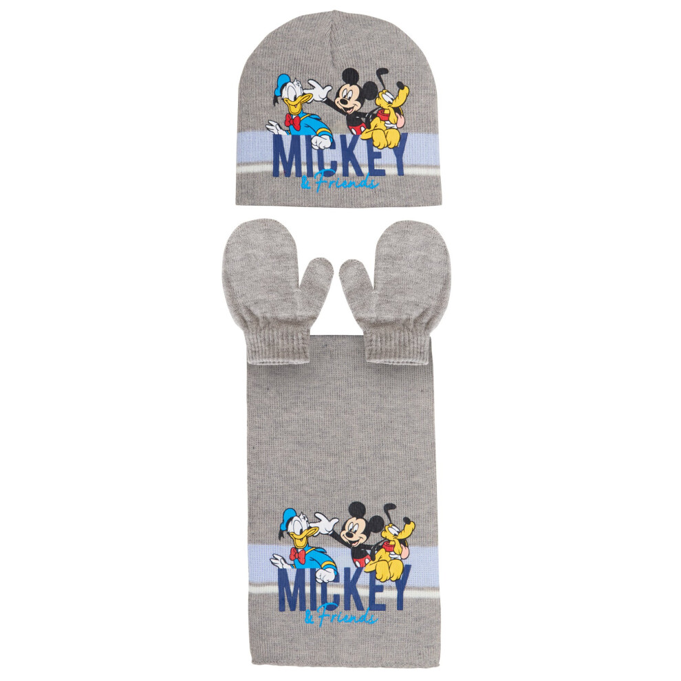 (Grey, 12-18 Months) Boys Disney Mickey Mouse & Friends 3 Pcs Winter Set Hat + Mitten Gloves + Scarf